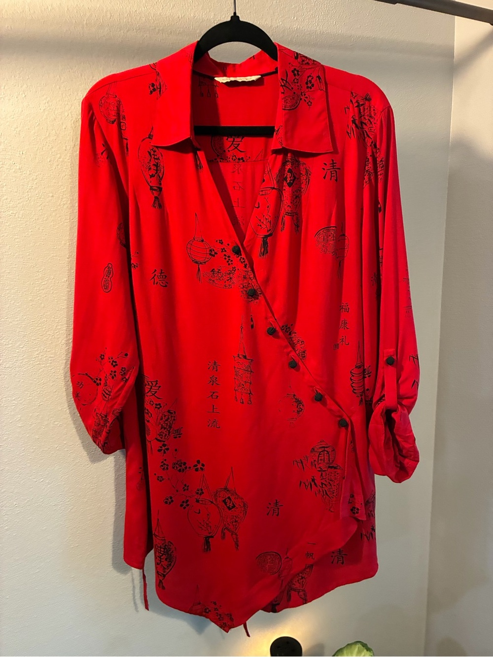 Soft Surroundings Red Asian-Inspired Wrap Blouse/Tunic Fits Like XL
